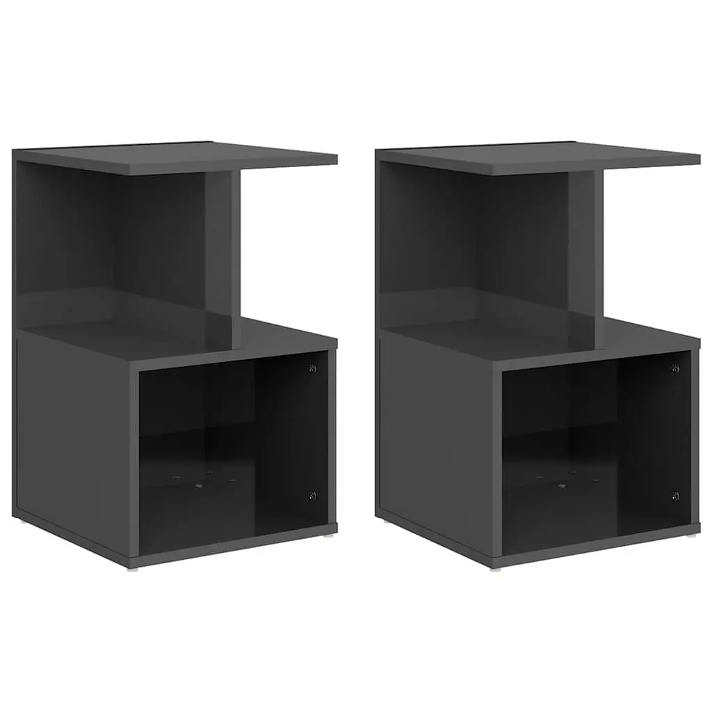 Bedside Cabinets 2 pcs High Gloss Grey Nightstand Open Storage Compartments
