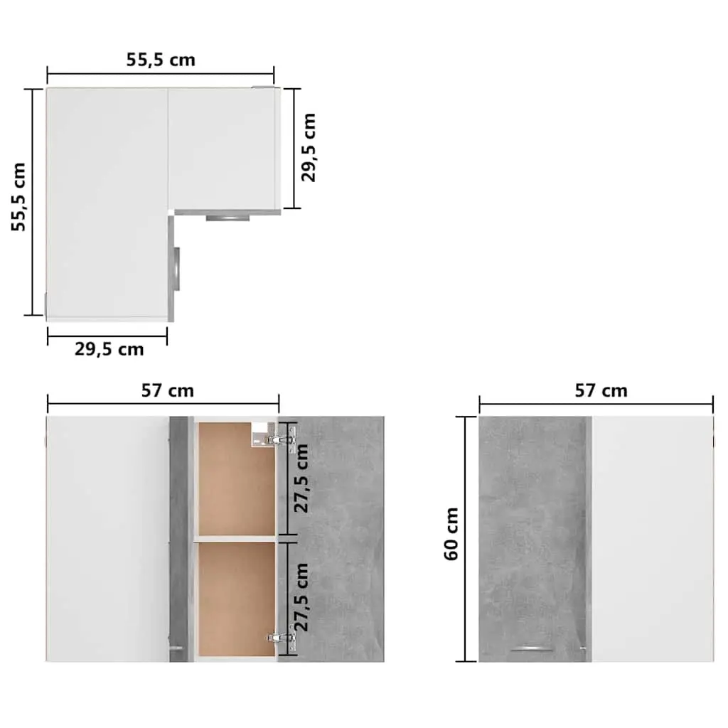 Corner Kitchen Cabinet Grey Wall Mount Storage Shelves Cupboard Unit 57W x 57D x 60H cm