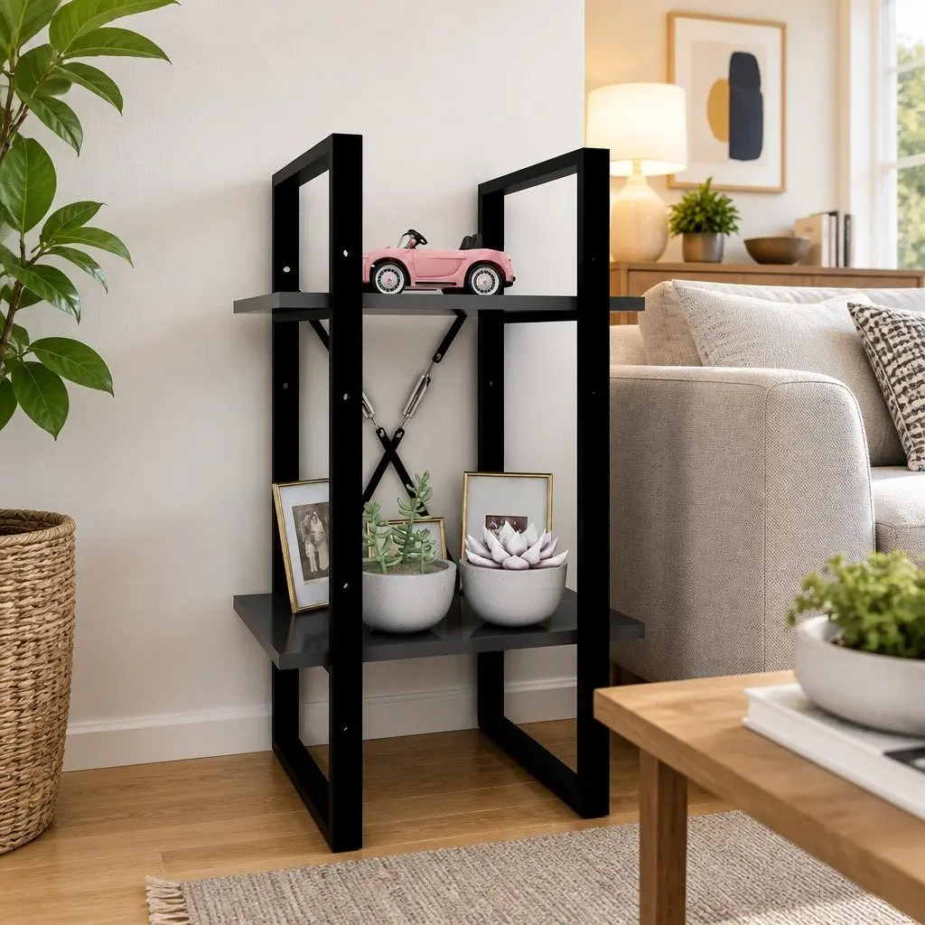 Grey 2-Tier Book Shelf Storage Unit Industrial Style Engineered Wood