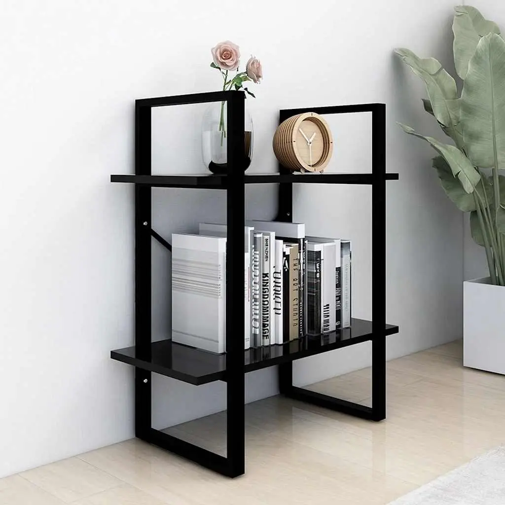 2 Tier Bookshelf Black Engineered Wood Storage Display Cabinet