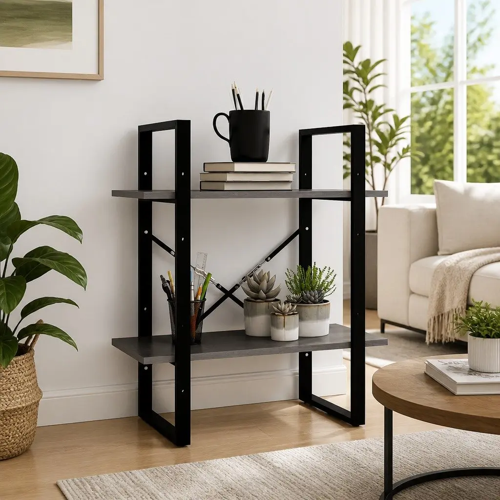 2-Tier Book Cabinet Solid Pine Wood Grey