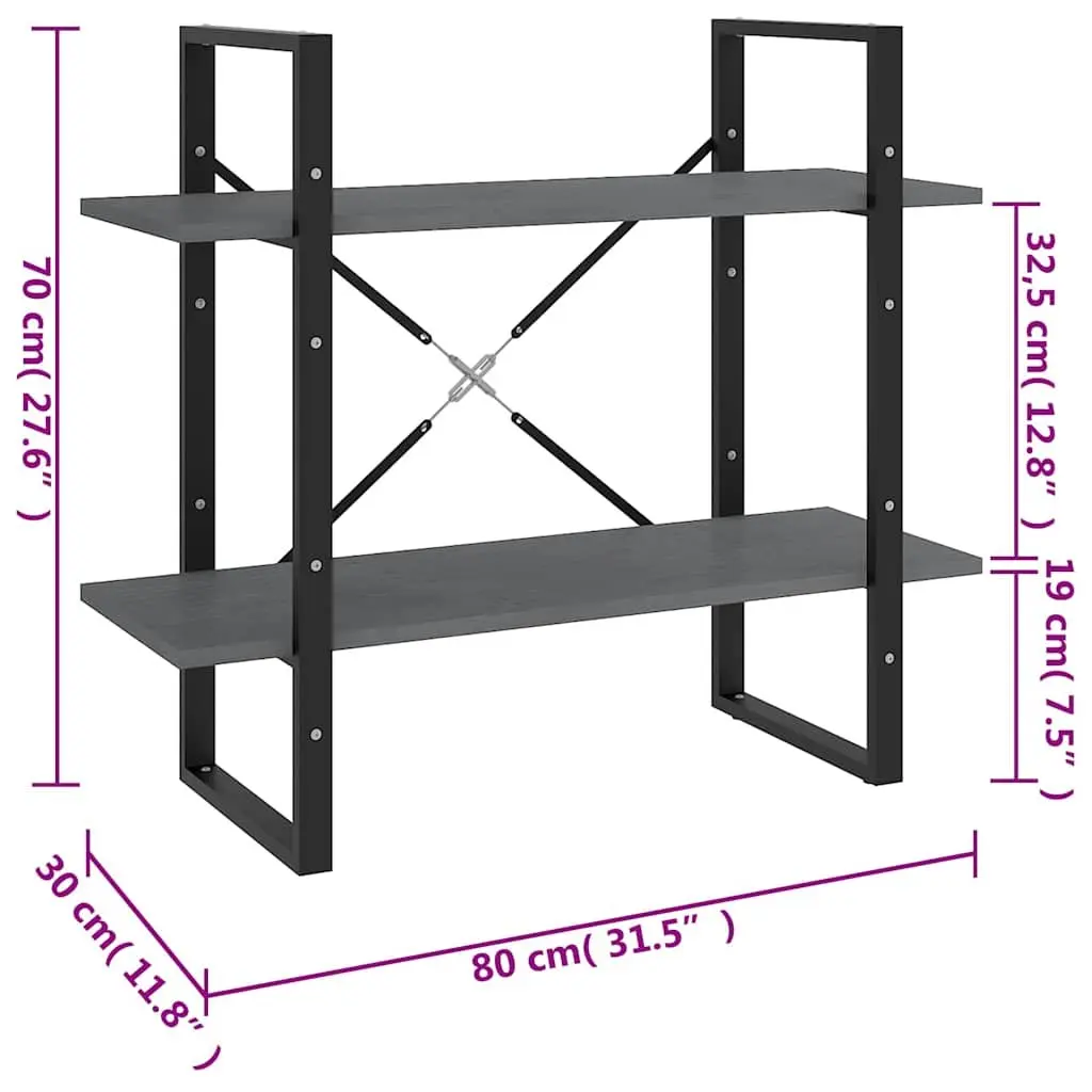 2-Tier Book Cabinet Grey Solid Pine Wood Shelving Unit 80cm W x 30cm D x 70cm H