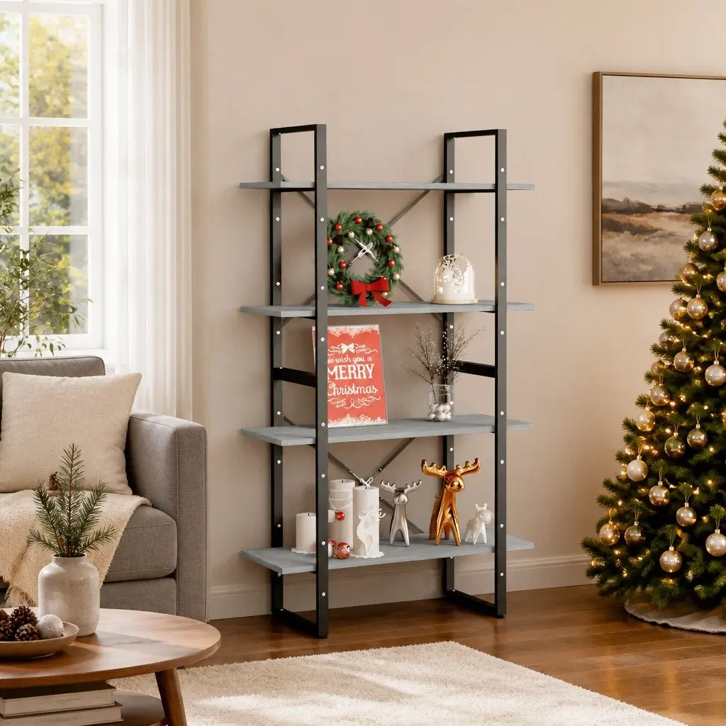 4-Tier Book Cabinet Grey Shelving Unit Engineered Wood 80W x 30D x 140H cm