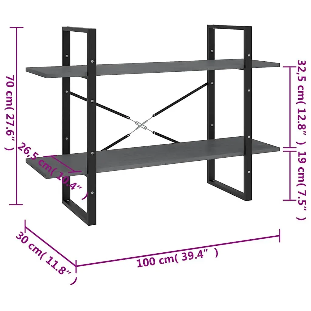 2 Tier Bookshelf Industrial Grey Solid Pine Wood Display Storage Unit