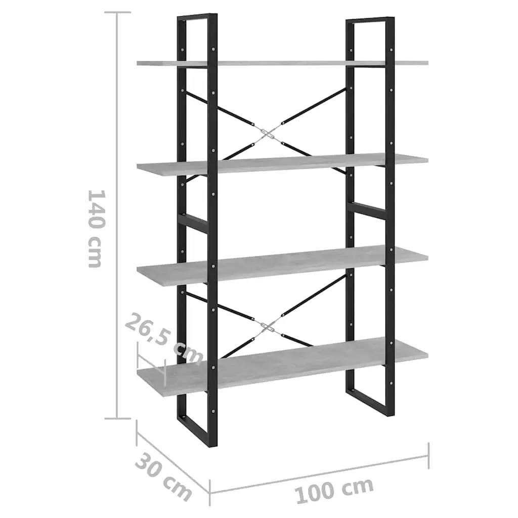 4-Tier Book Cabinet Grey Concrete Engineered Wood Storage Display
