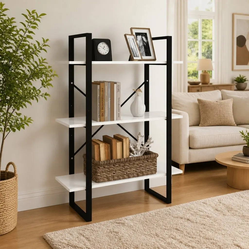 White Book Cabinet Shelving Unit with 3 Shelves for Home Office Living