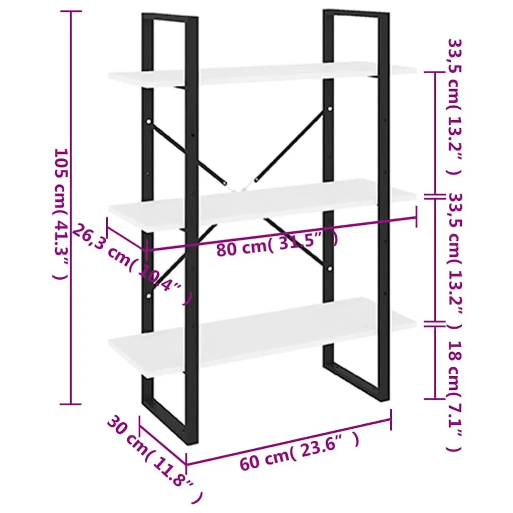 White Book Cabinet Shelving Unit with 3 Shelves for Home Office Living