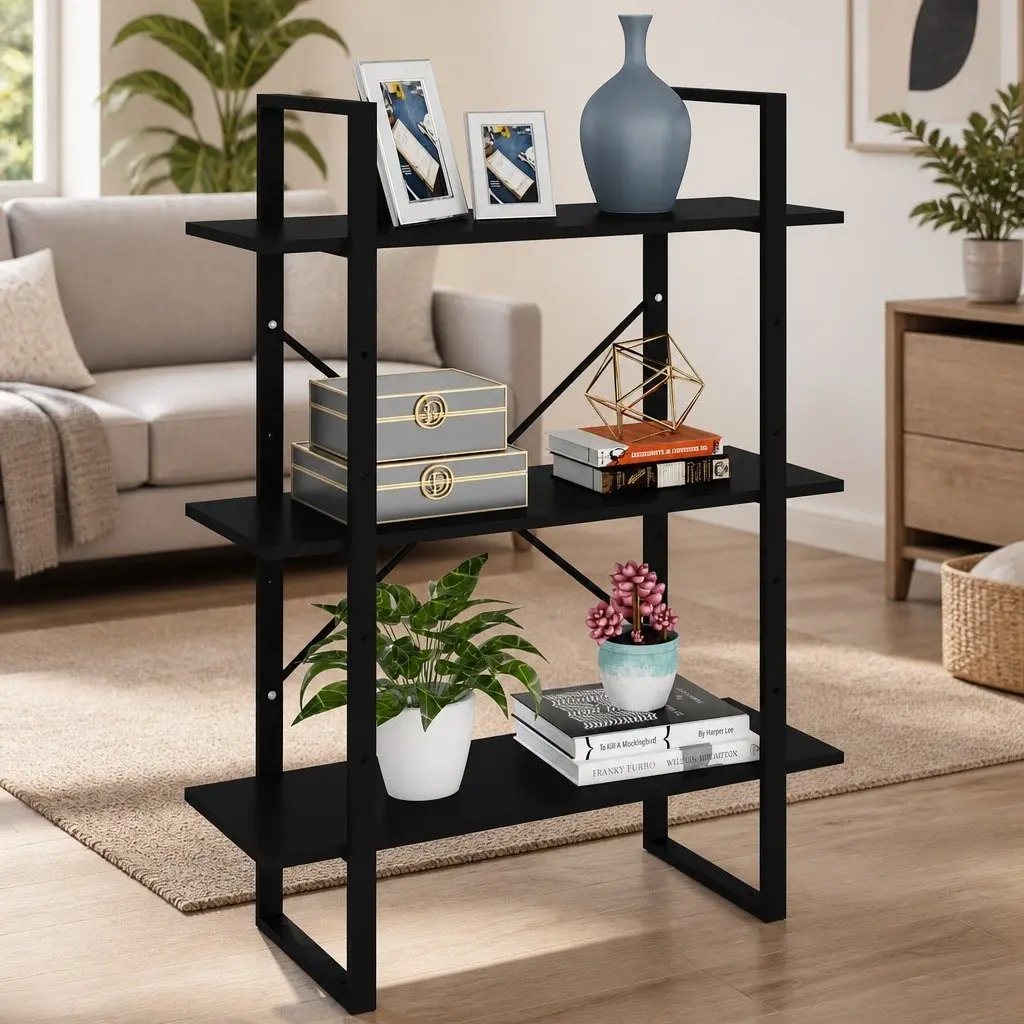Book Cabinet Black Metal Frame 3 Shelf Storage Unit