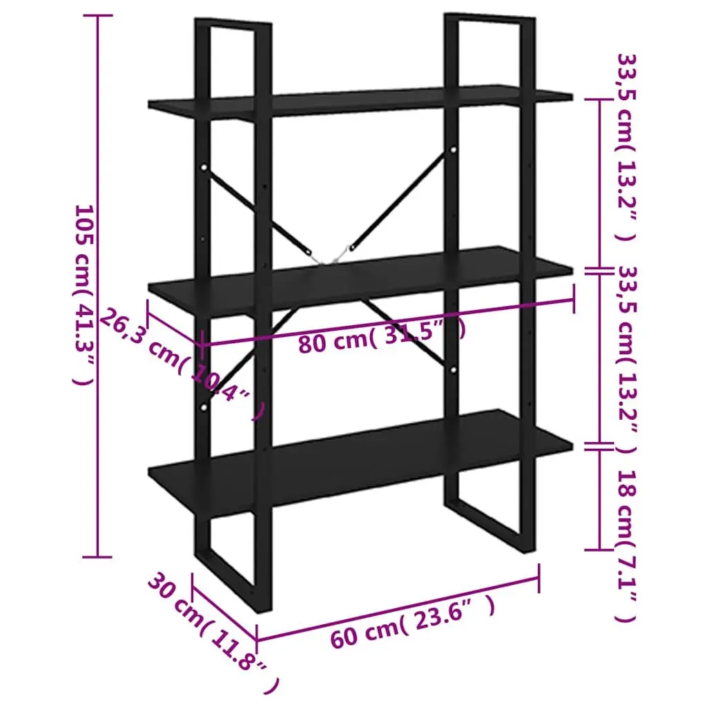Book Cabinet Black Metal Frame 3 Shelf Storage Unit