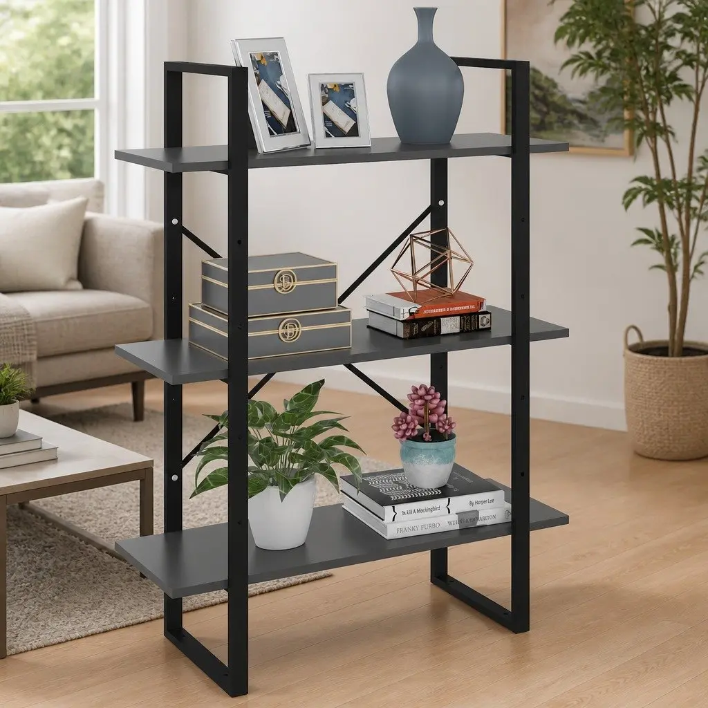 Book Cabinet Grey Engineered Wood and Metal 3 Shelf Storage Unit