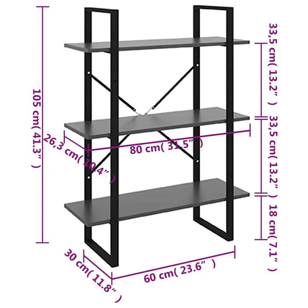 Book Cabinet Grey Engineered Wood and Metal 3 Shelf Storage Unit