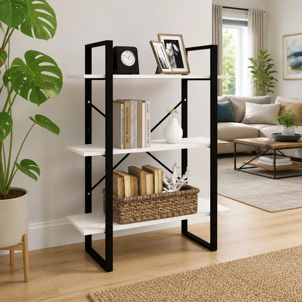 3-Tier Book Cabinet White Solid Pine Wood Shelving Unit