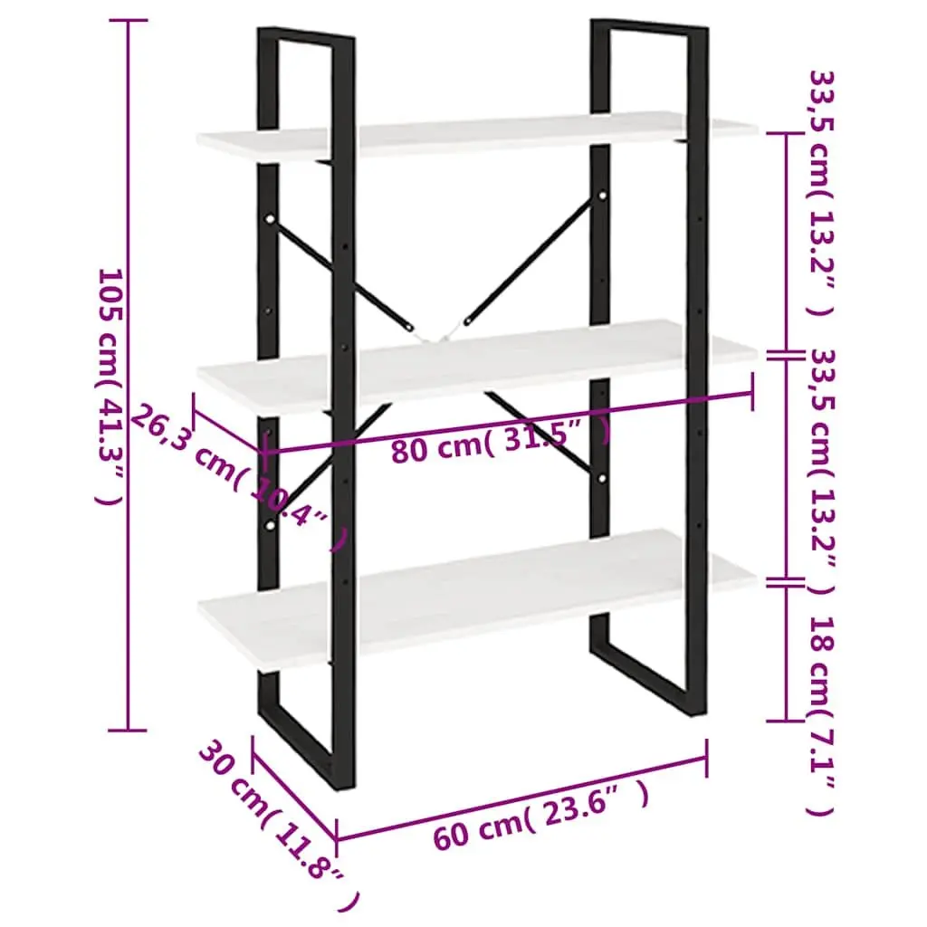 3-Tier Book Cabinet White Solid Pine Wood Shelving Unit