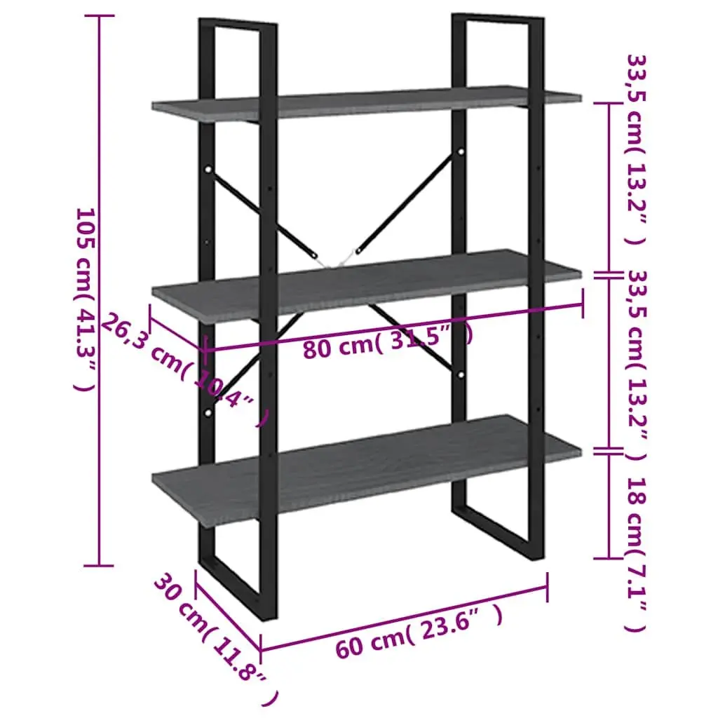 Wooden Book Cabinet Grey 3-Tier Storage Shelving Unit