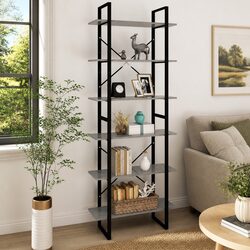 High Cabinet Grey Storage Bookcase Shelving Unit Engineered Wood Industrial Look
