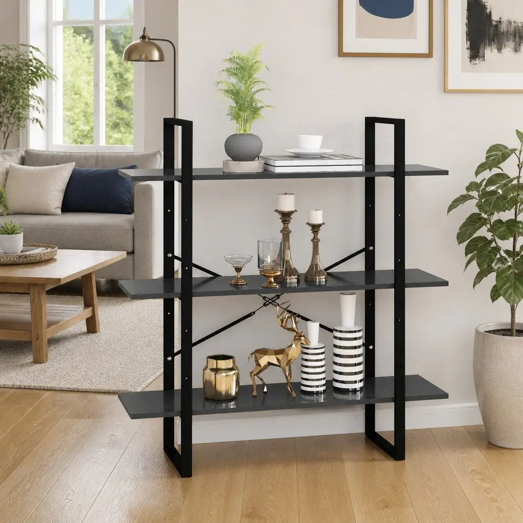 Book Cabinet Grey Metal Frame 3 Shelf Storage Unit Modern Industrial