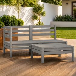 3 Piece Garden Lounge Set Outdoor Patio Furniture Grey Wooden Sofa Seating