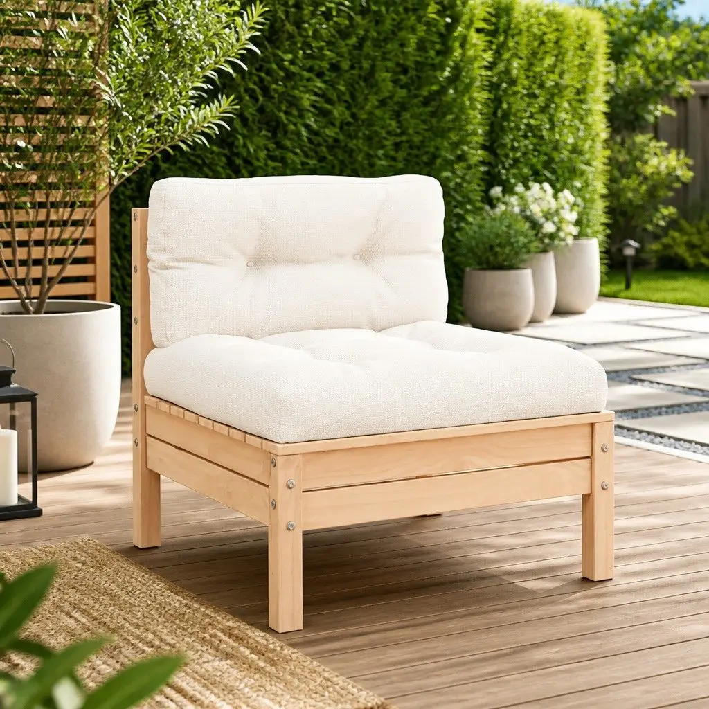 Outdoor Modular Middle Sofa Sectional Seating Cream Cushions Solid Pinewood