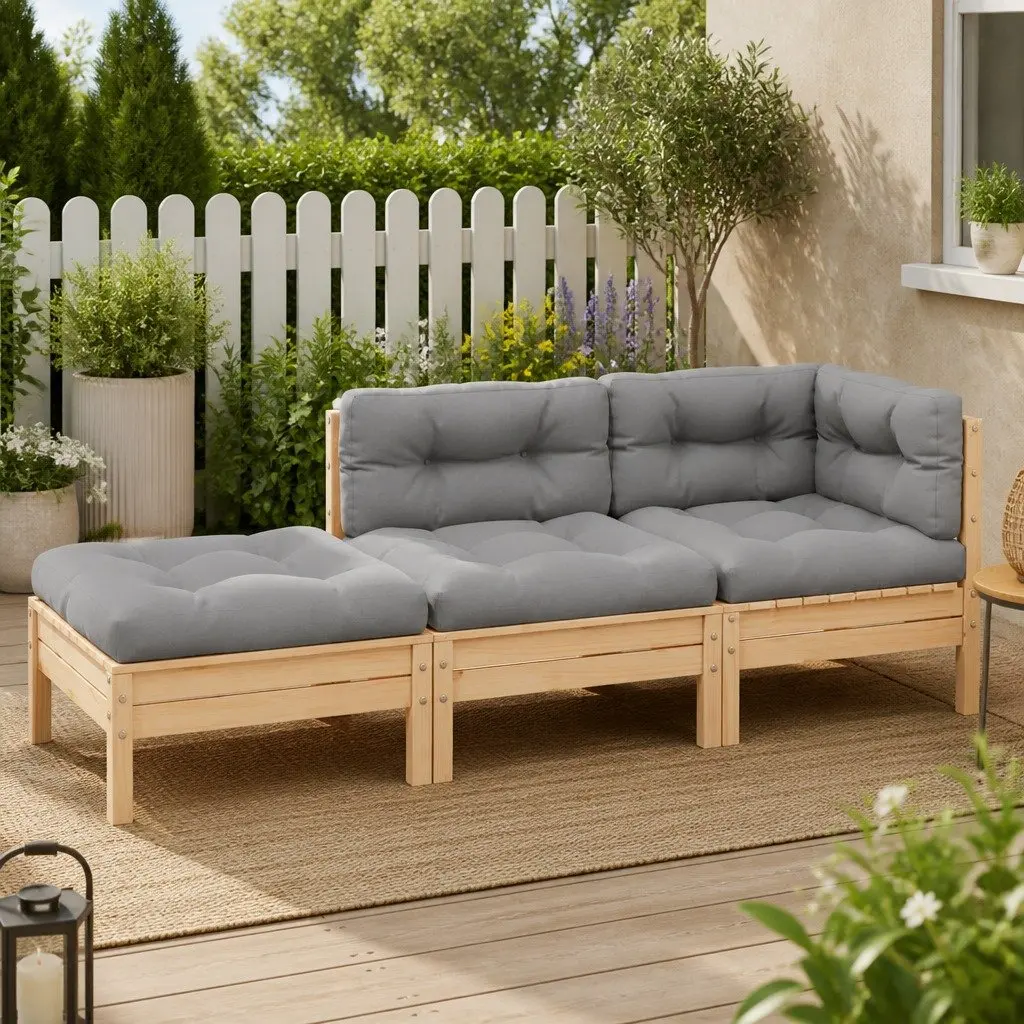 3 Piece Garden Lounge Set Solid Pinewood Outdoor Sectional Sofa Grey Cushions