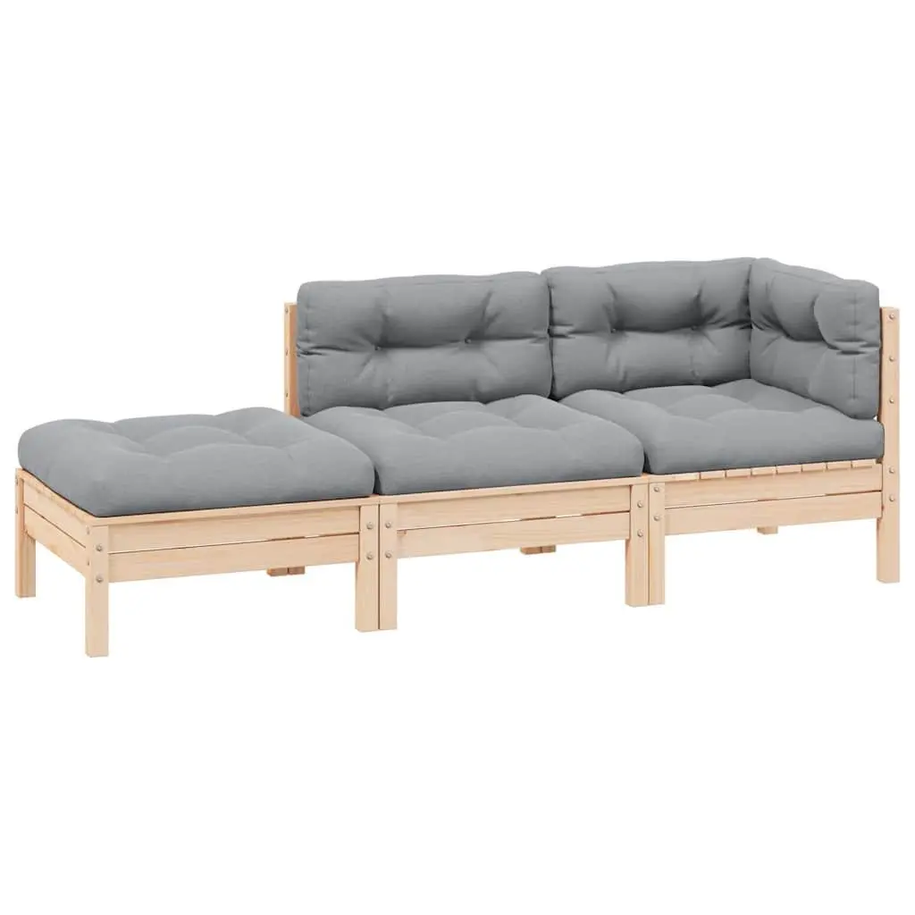 3 Piece Garden Lounge Set Solid Pinewood Outdoor Sectional Sofa Grey Cushions