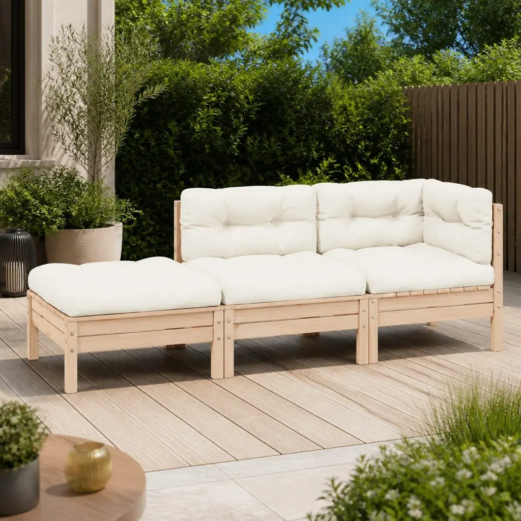 3 Piece Outdoor Sofa Set Pinewood Frame with Cream Cushions for Garden Lounge Patio Furniture
