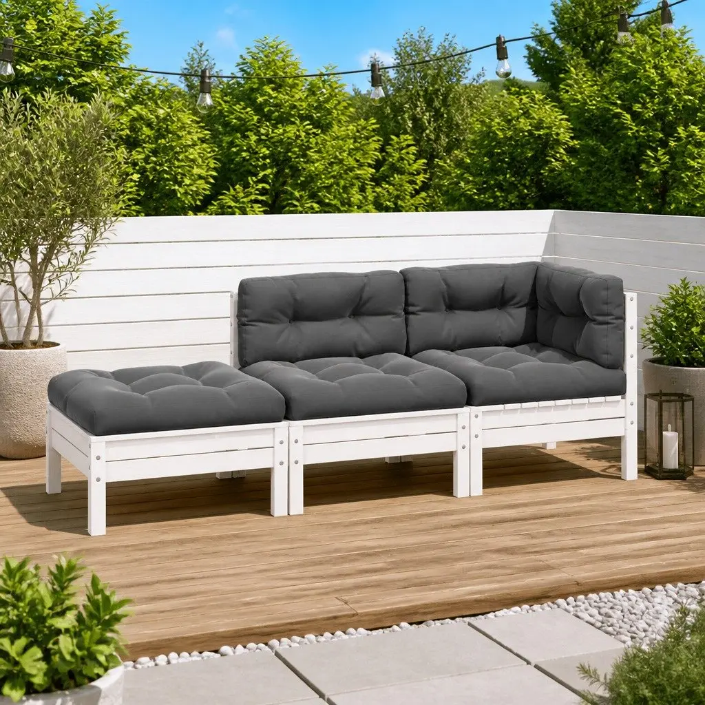 3 Piece Outdoor Garden Lounge Set Sectional Sofa with Cushions White Pinewood