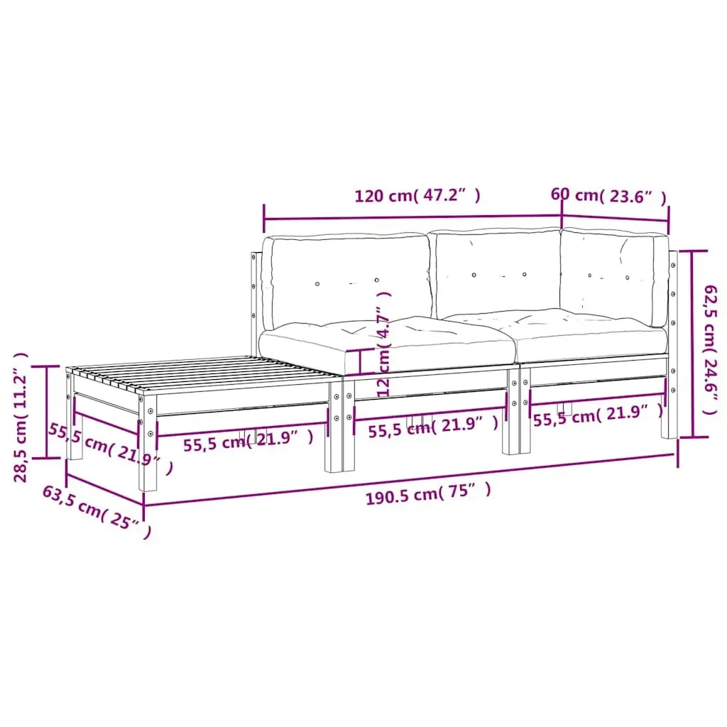 3 Piece Outdoor Garden Lounge Set White Solid Pinewood with Cushions Patio
