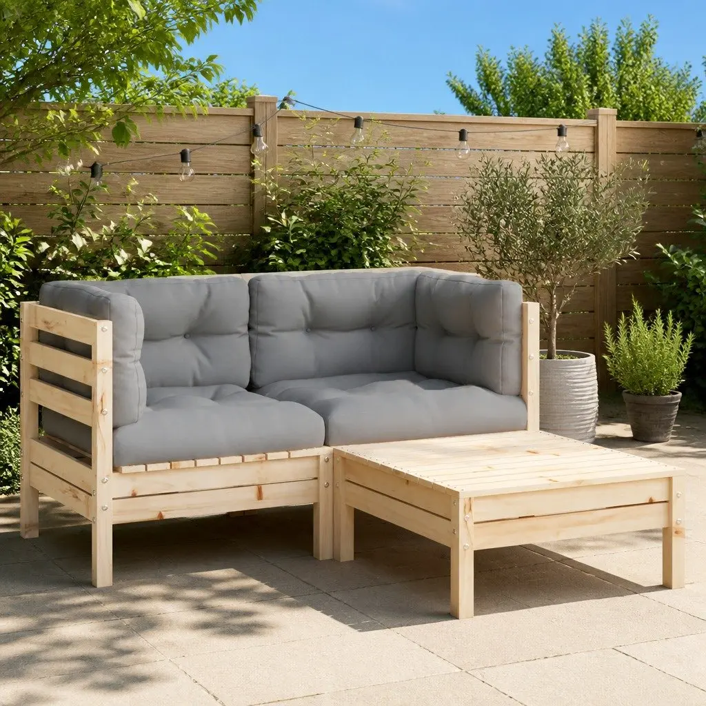 3 Piece Outdoor Garden Lounge Set Solid Pinewood Grey Cushions