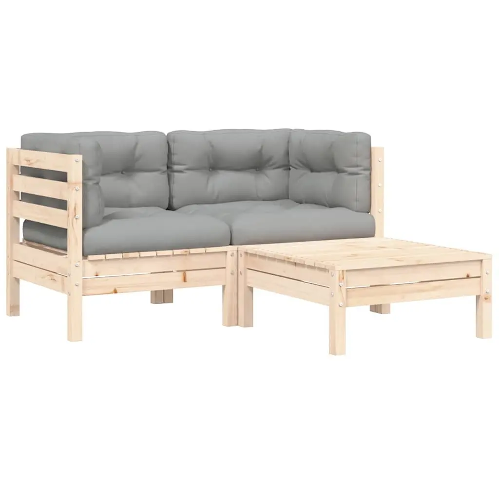 3 Piece Outdoor Garden Lounge Set Solid Pinewood Grey Cushions