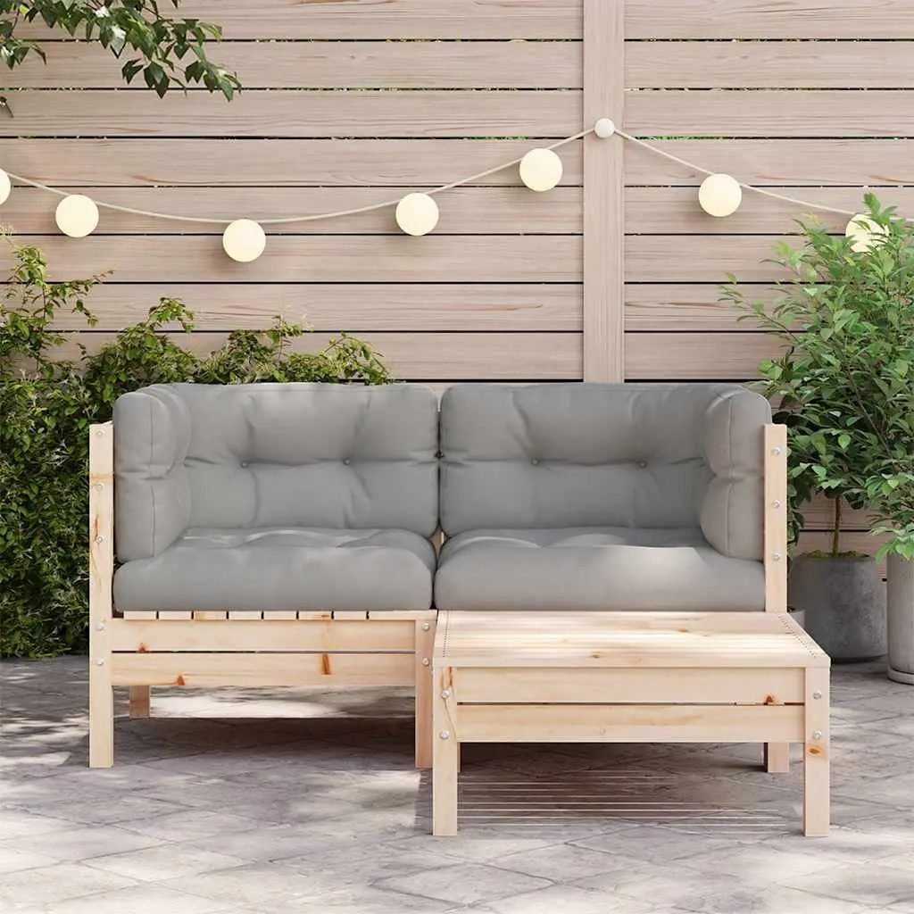 3 Piece Outdoor Garden Lounge Set Solid Pinewood Grey Cushions