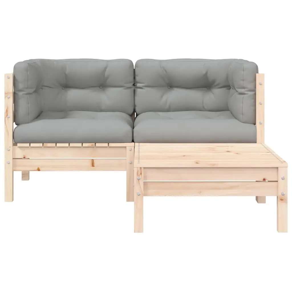 3 Piece Outdoor Garden Lounge Set Solid Pinewood Grey Cushions