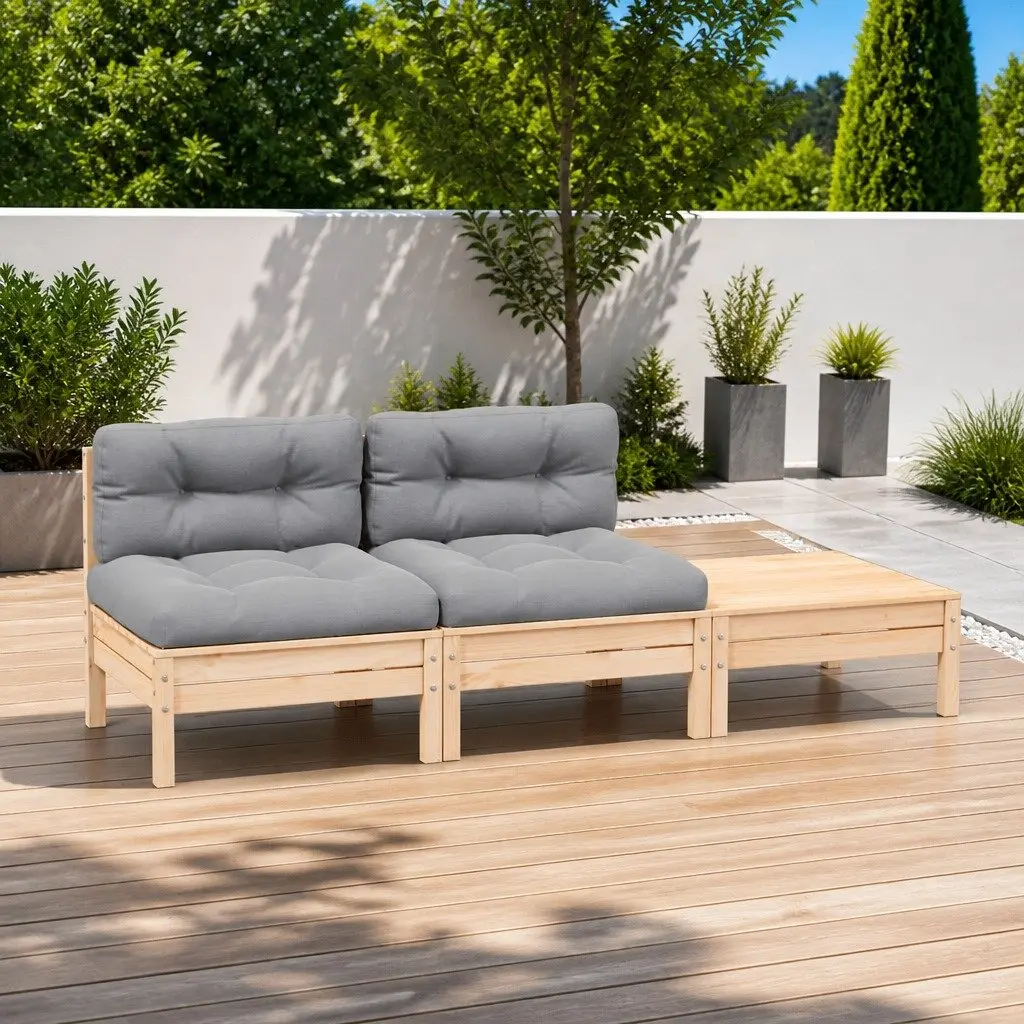 3 Piece Garden Lounge Set Solid Pinewood Grey Cushions Outdoor Sectional Patio