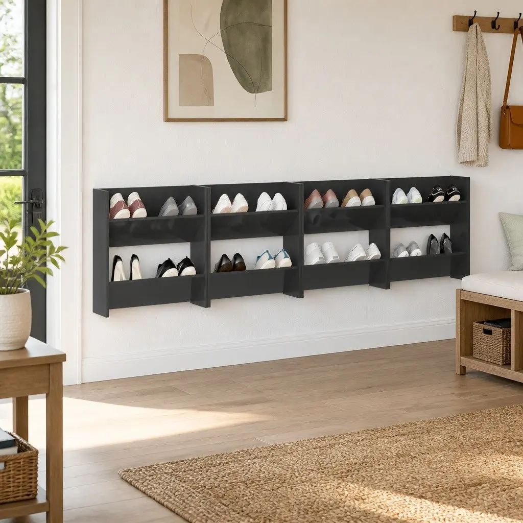 Wall Mounted Shoe Cabinet Grey High Gloss 4 Pieces