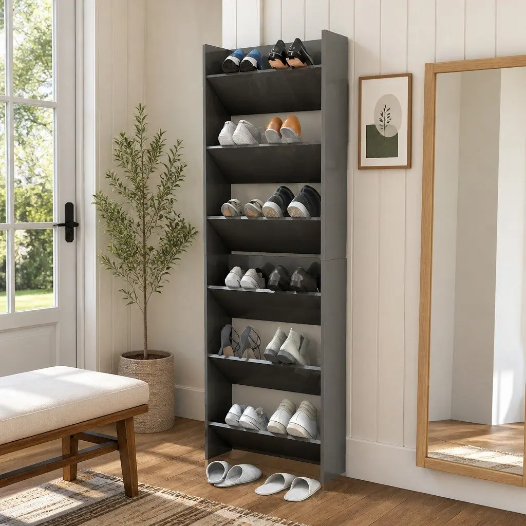 Wall Mounted Shoe Cabinet Set of 2 Grey High Gloss 60x18x90cm