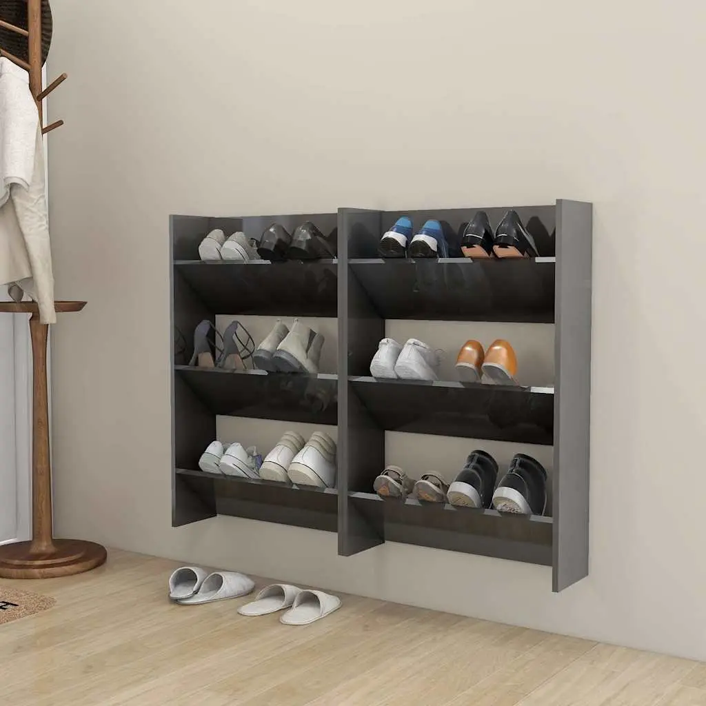 Wall Mounted Shoe Cabinet Set of 2 Grey High Gloss 60x18x90cm