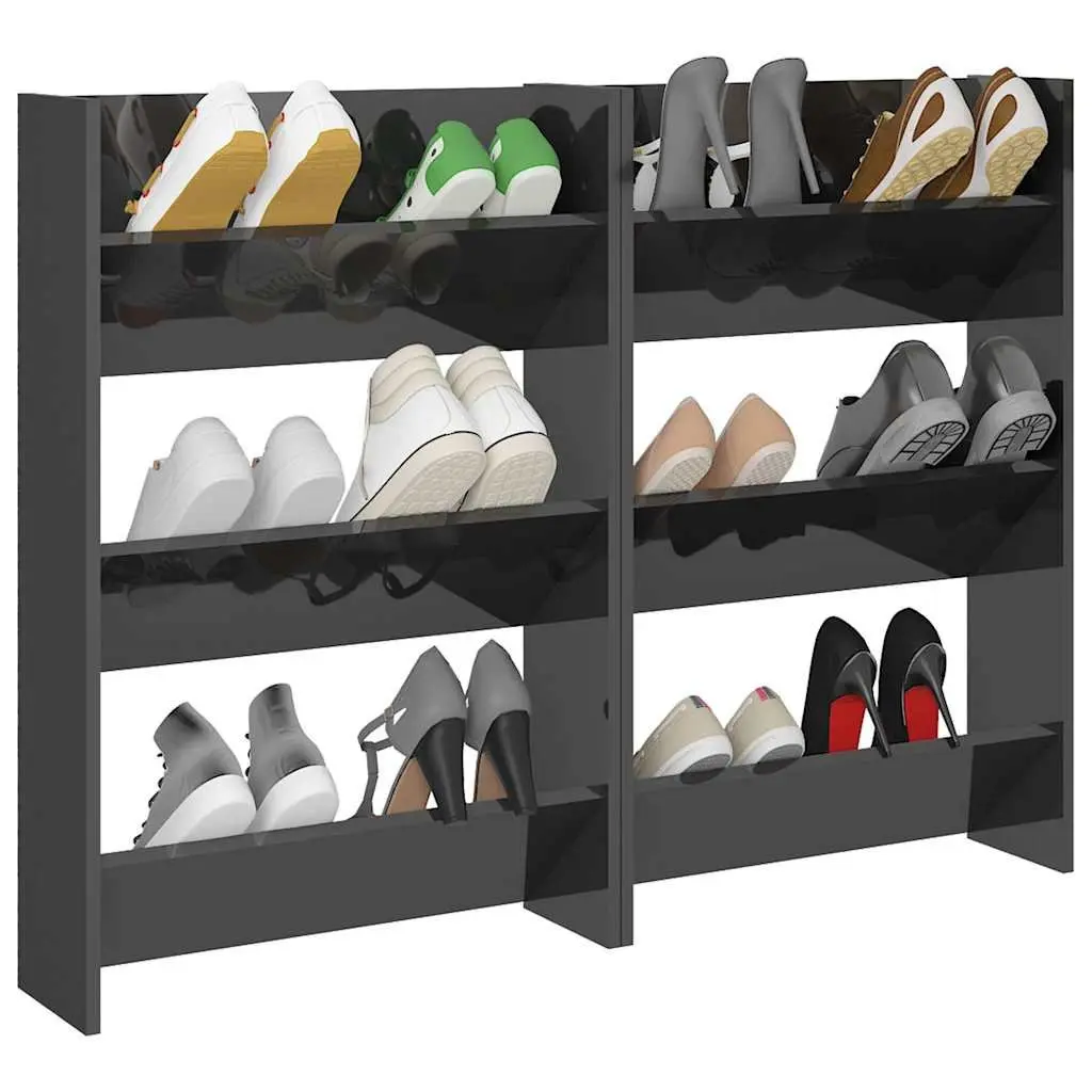 Wall Mounted Shoe Cabinet Set of 2 Grey High Gloss 60x18x90cm