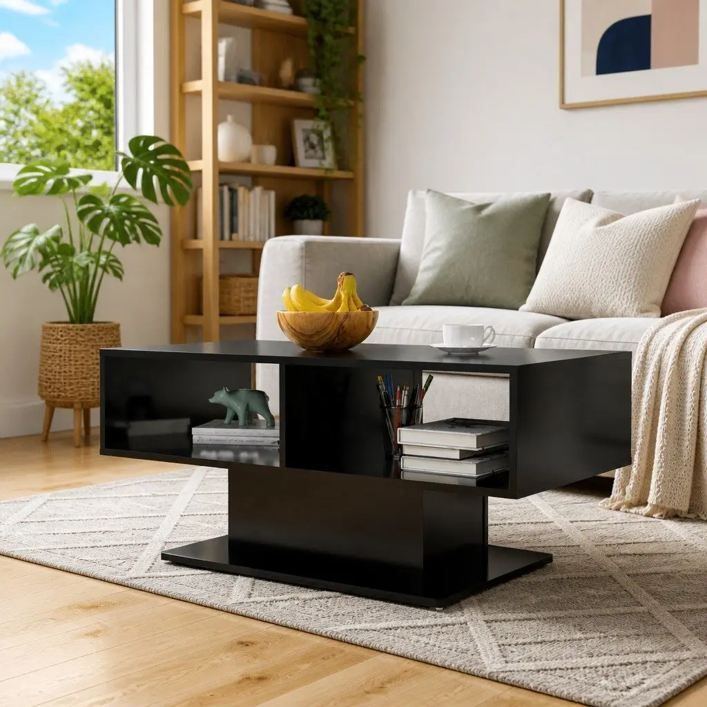Coffee Table Black Modern Storage Shelf 103.5 x 50 x 44.5 cm