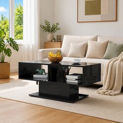 Coffee Table Black High Gloss Storage Shelf Living Room Accent Furniture