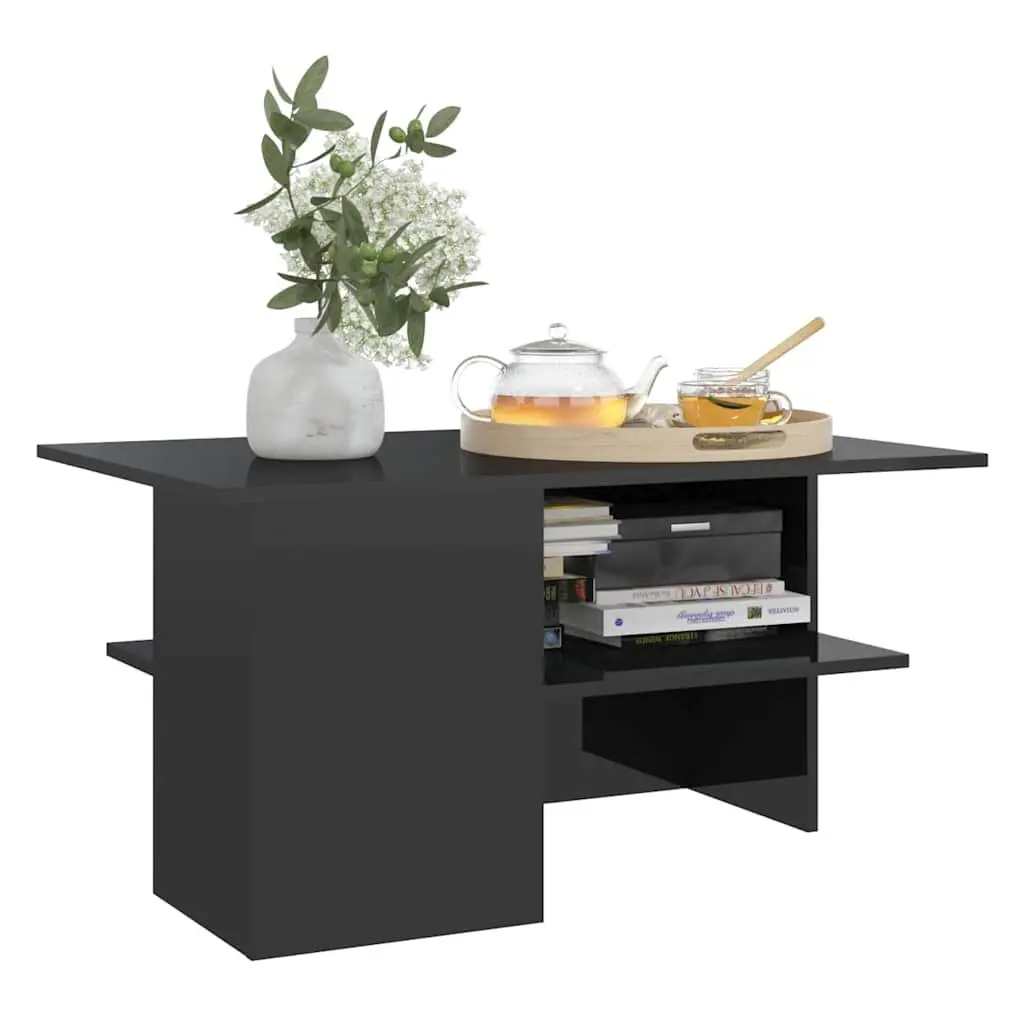 Coffee Table High Gloss Black Engineered Wood Storage Shelf Living Room Accent