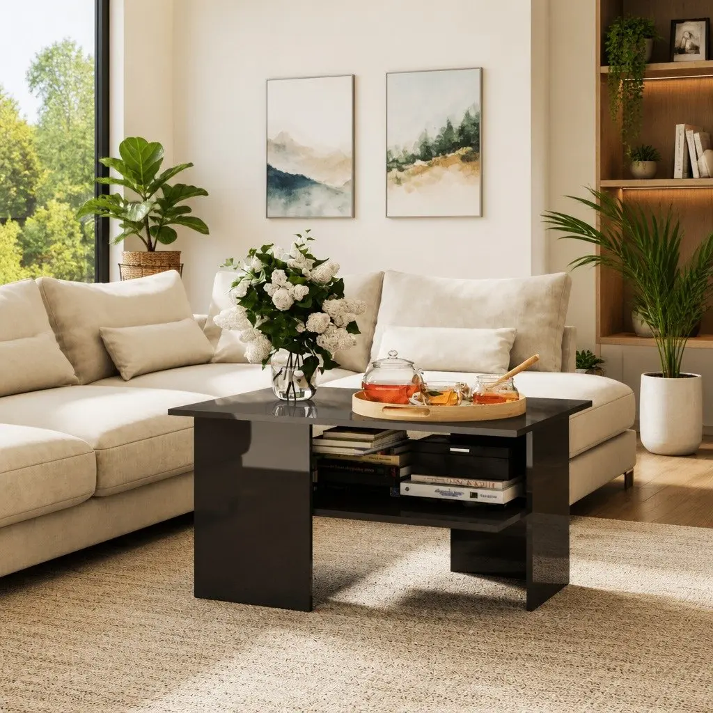 Coffee Table High Gloss Grey Modern Living Room Storage Shelf 90 x 60 x 46.5 cm