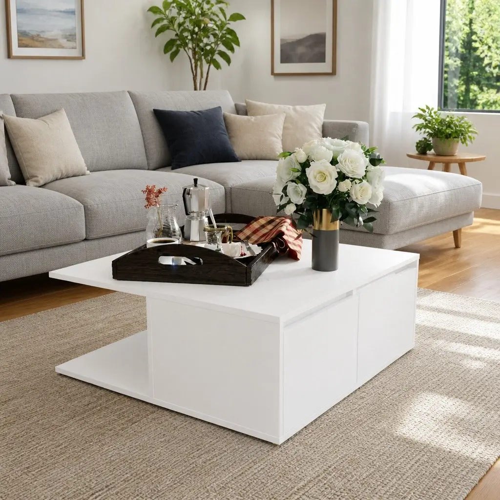Coffee Table White with Storage Drawers 80x80x31cm