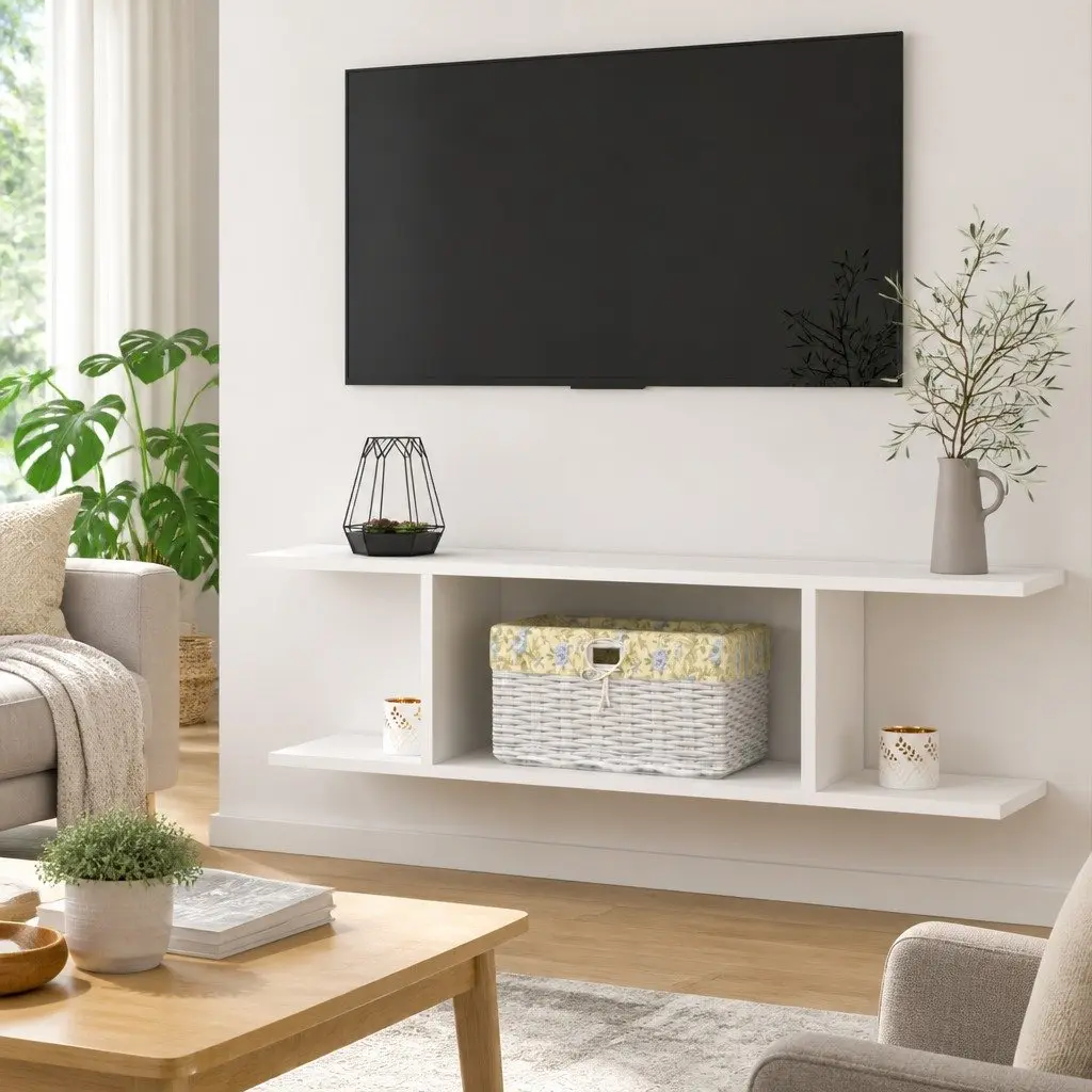 Wall Mounted TV Cabinet White Living Room Storage Unit Open Shelving Display