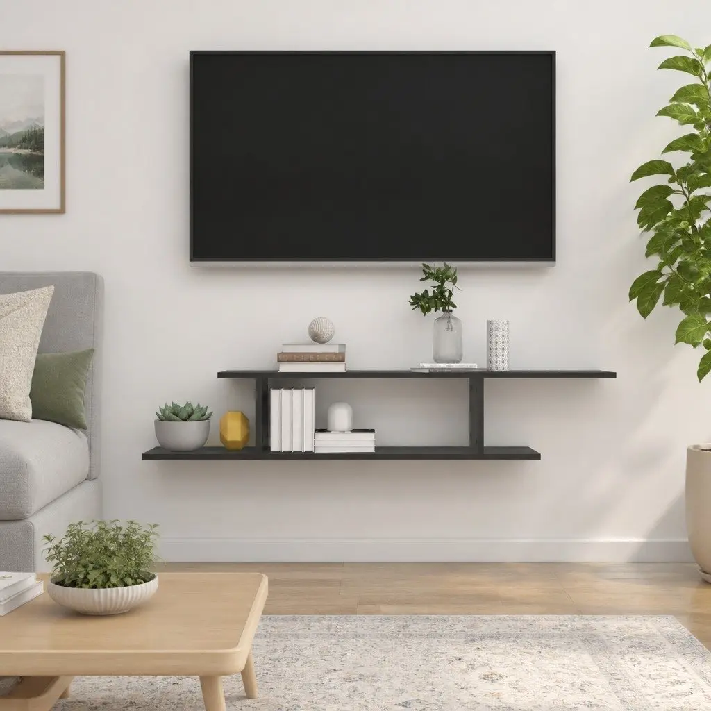 Wall-Mounted TV Shelf Grey Modern Floating Storage Asymmetrical Design Home