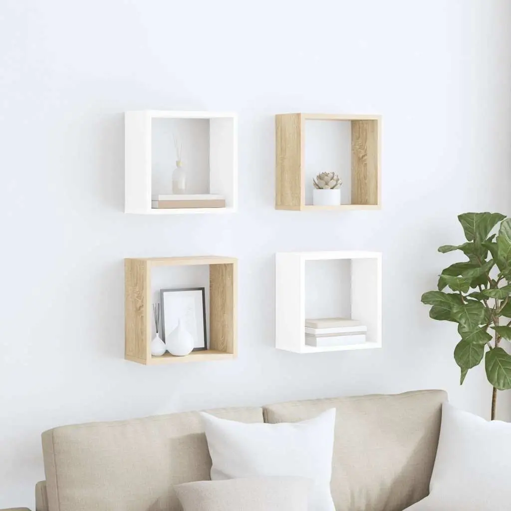 Wall Cube Shelves Set 4 pcs White Sonoma Oak Floating Storage Display Organizer