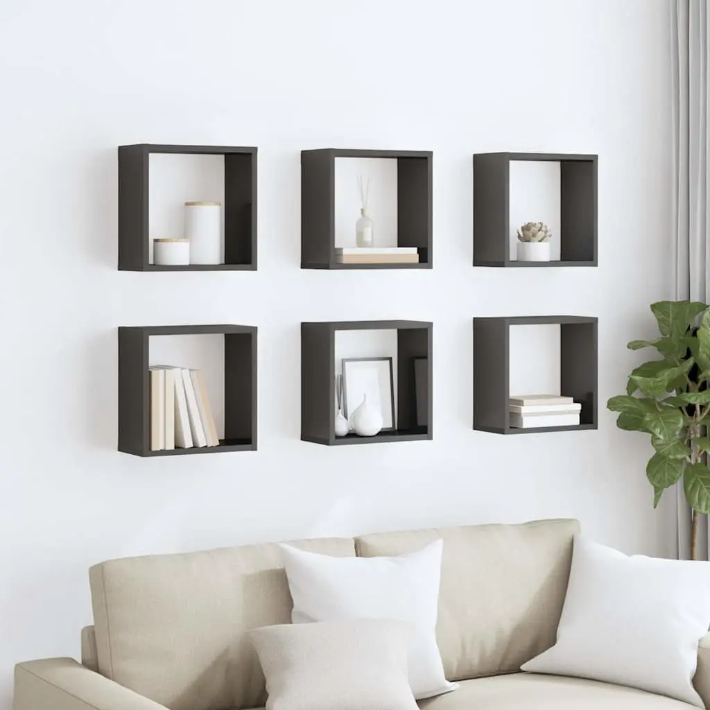 6 Grey Wall Cube Shelves
