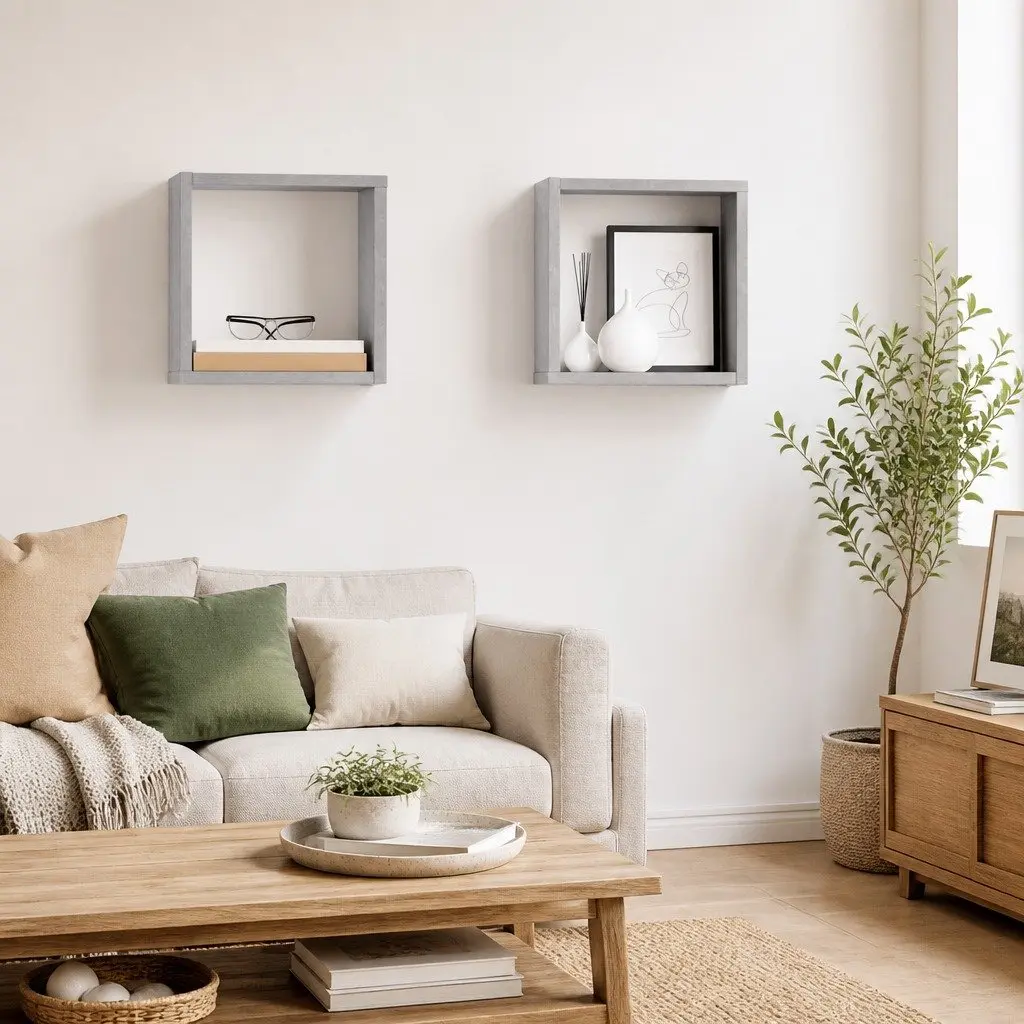 Wall Cube Shelves Set Grey Floating Storage Display 26 x 15 x 26 cm