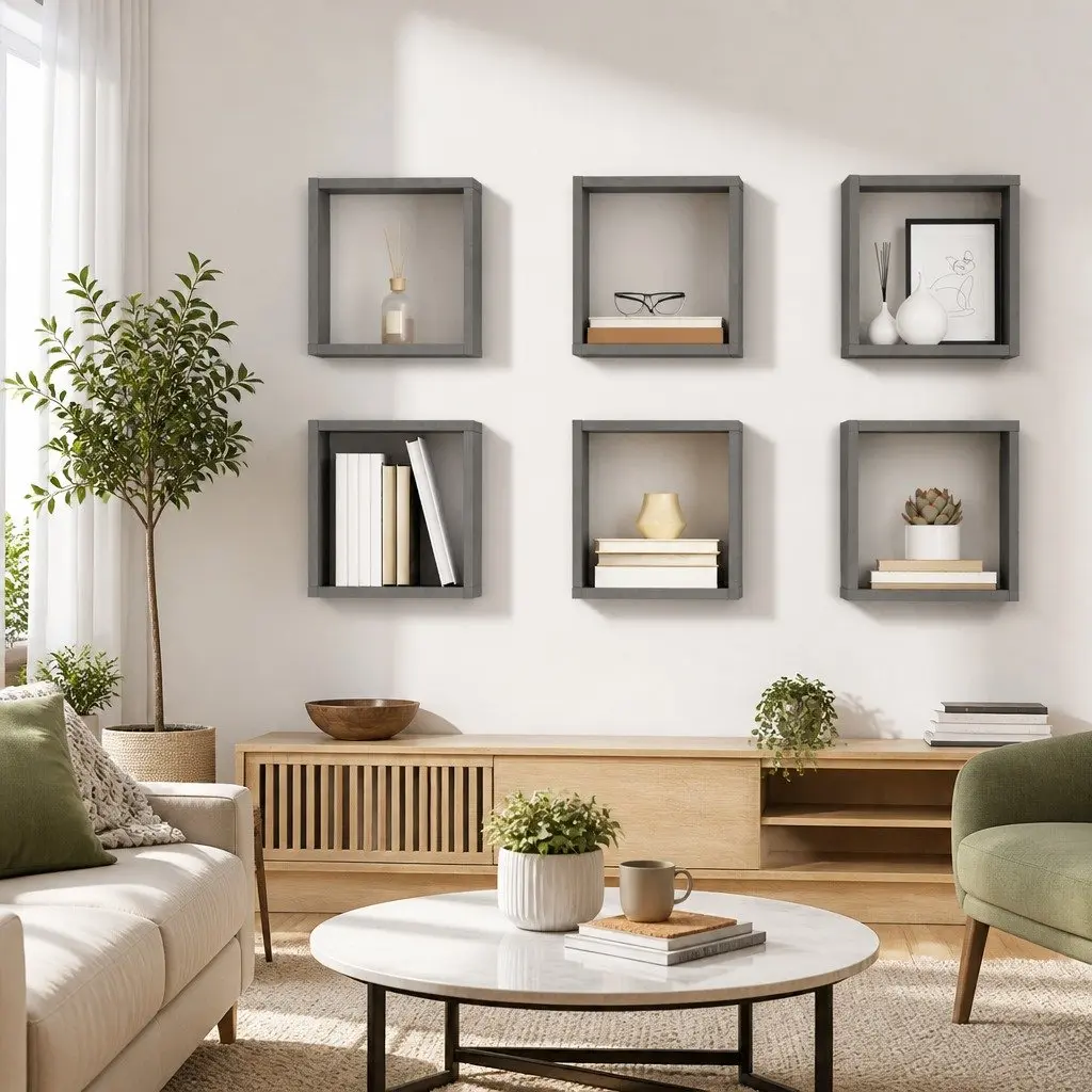 Wall Cube Shelves Grey Floating Storage Display 6 Piece