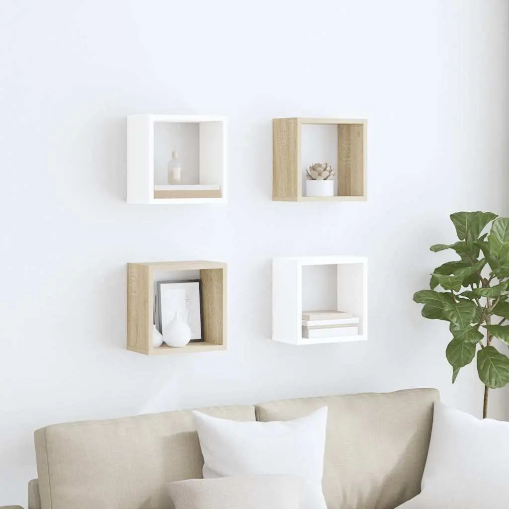 Wall Cube Shelves 4 Pieces White Sonoma Oak Floating Storage Display Organizer