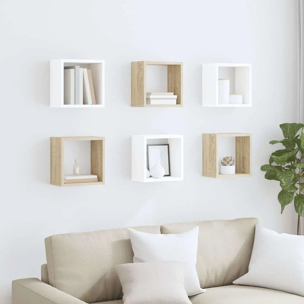 Wall Cube Shelves Set 6 Pieces White Sonoma Oak Floating Storage Display 26cm