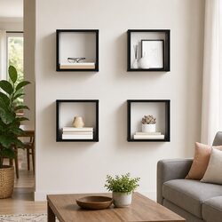 Wall Cube Shelves 4 Pieces Floating Storage Display Black Living Room Bedroom